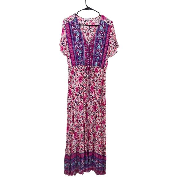 R Vivimos Dresses & Skirts - Maxi Dress XL Pink Purple Floral Prairie Boho Waist Tie Flowy Hippie Festival